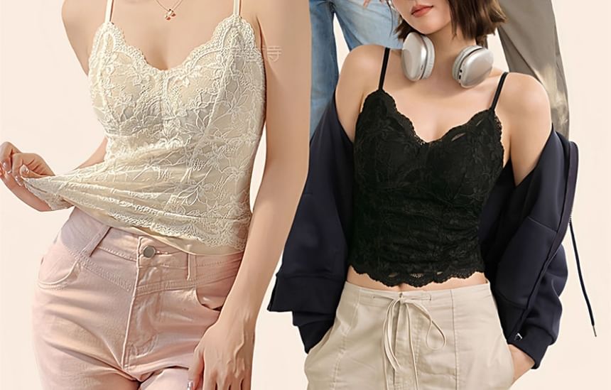 V-Neck Fleece Lined Lace Cami Top