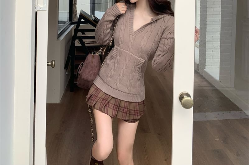 V-Neck Hooded Cable-Knit Top & Plaid Pleated Mini Skirt