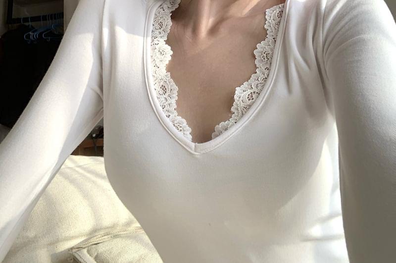 V-Neck Asymmetric Long-Sleeve T-Shirt with Lace Trim