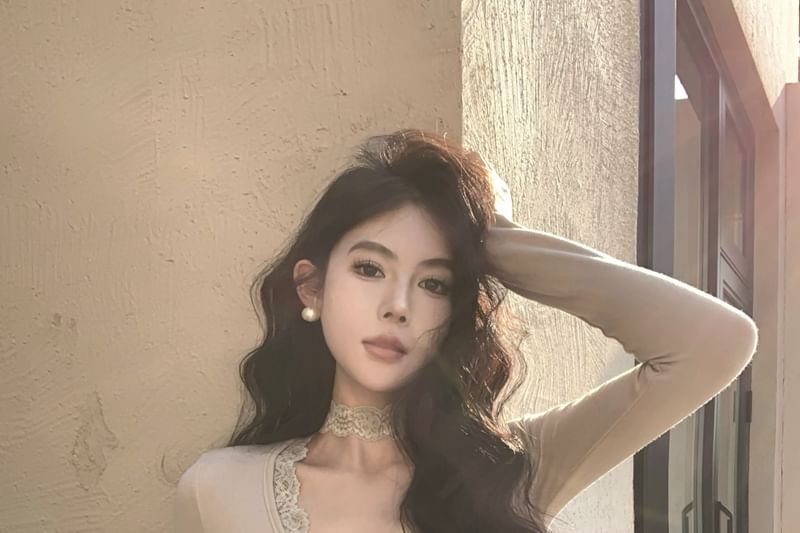 V-Neck Asymmetric Long-Sleeve T-Shirt with Lace Trim