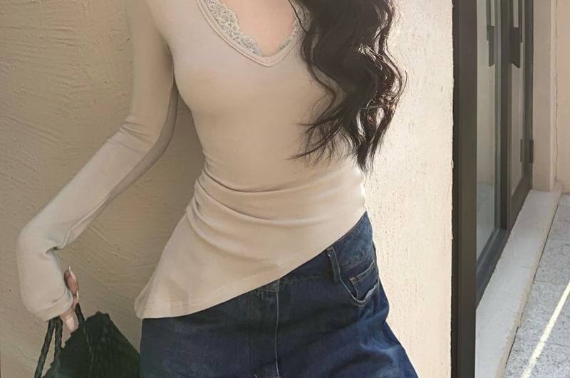 V-Neck Asymmetric Long-Sleeve T-Shirt with Lace Trim
