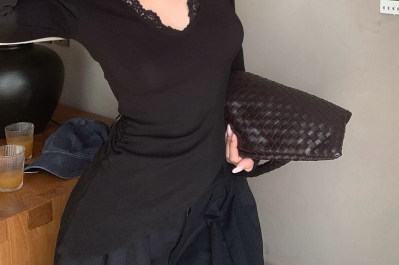 V-Neck Asymmetric Long-Sleeve T-Shirt with Lace Trim