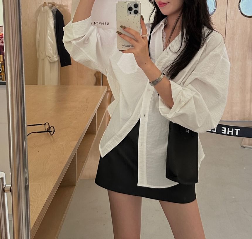 Collared V-Neck Long Sleeve Shirt with Lace Panel