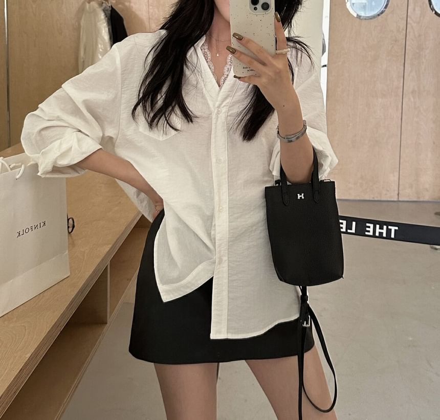 Collared V-Neck Long Sleeve Shirt with Lace Panel