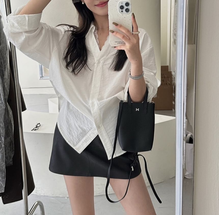 Collared V-Neck Long Sleeve Shirt with Lace Panel