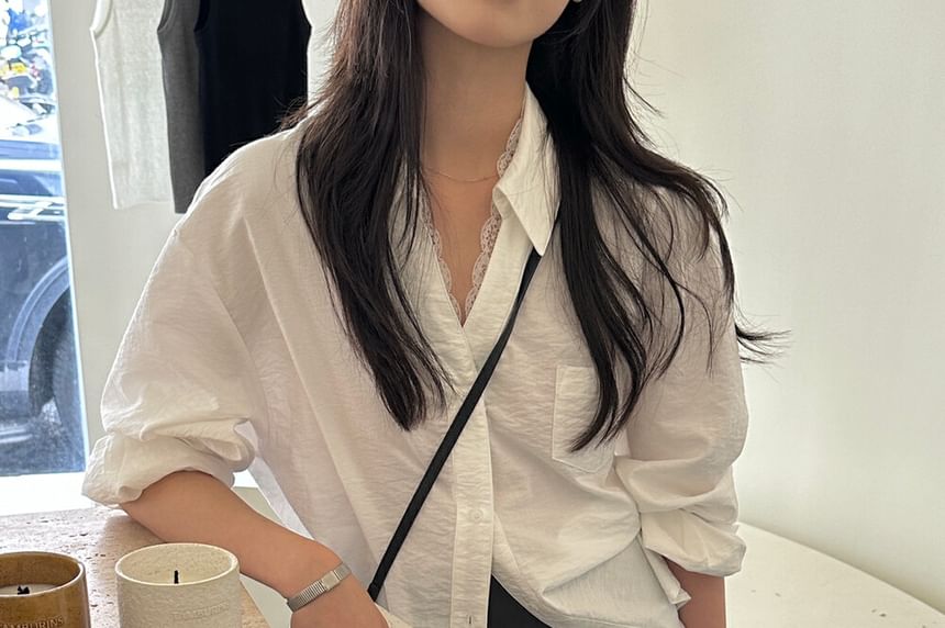 Collared V-Neck Long Sleeve Shirt with Lace Panel