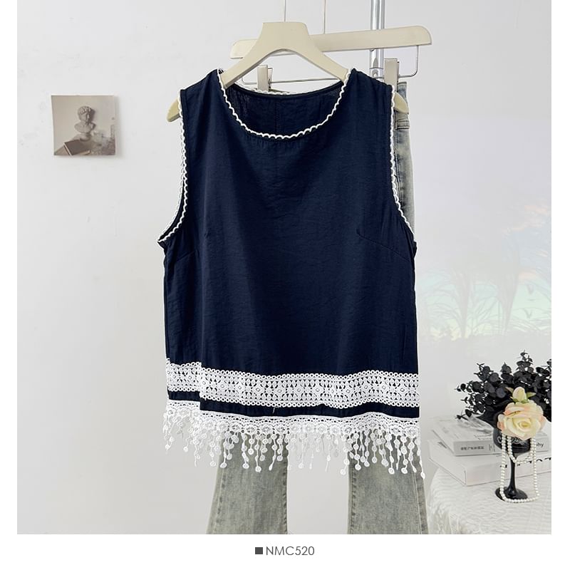 Sleeveless Round Neck Lace Trim Tee