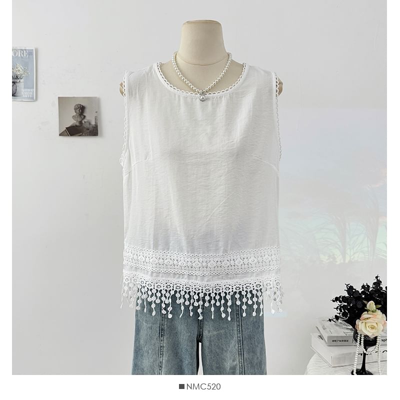 Sleeveless Round Neck Lace Trim Tee