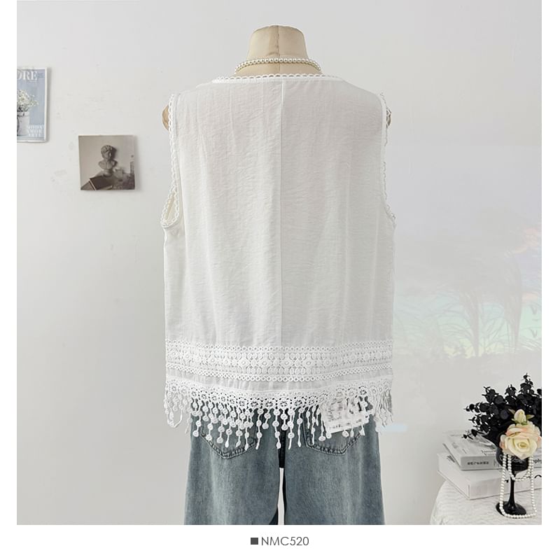 Sleeveless Round Neck Lace Trim Tee