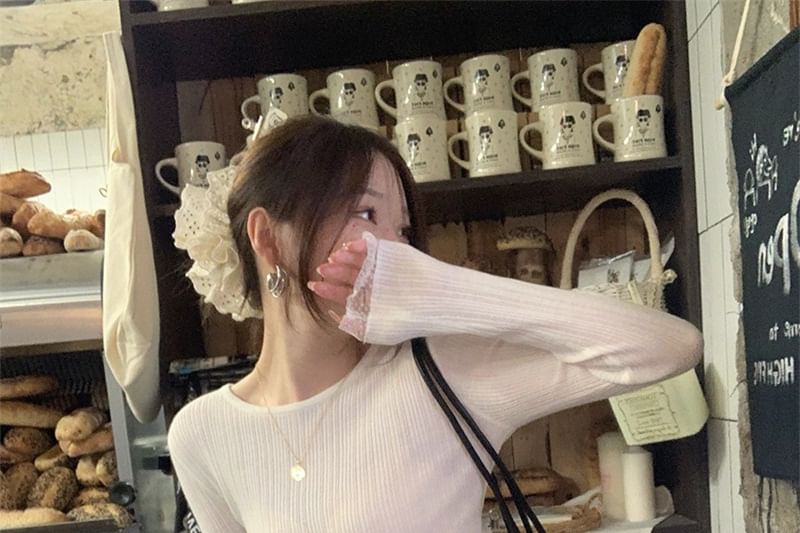Long Sleeve Round Neck Ribbed Knit Top with Lace Trim