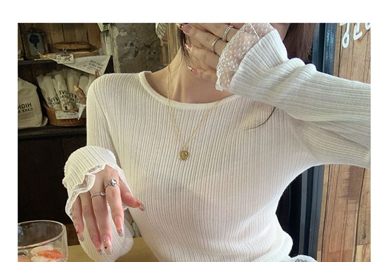 Long Sleeve Round Neck Ribbed Knit Top with Lace Trim