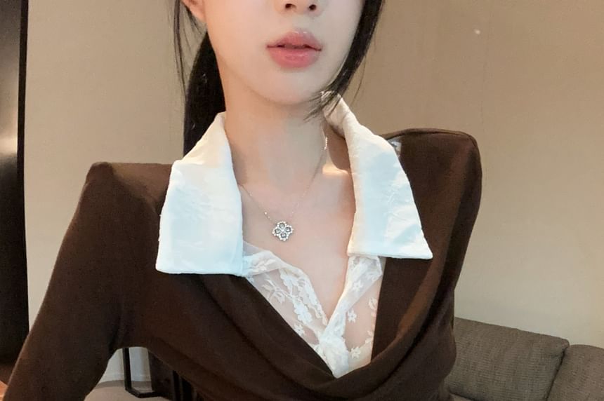 Mock Two-Piece Collared T-Shirt with Lace Panel and Slim Fit
