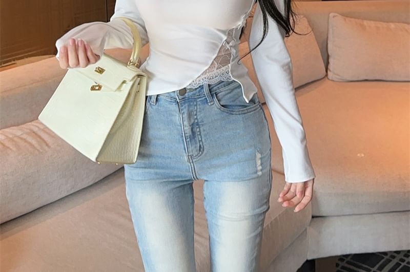 Asymmetric Long-Sleeve Crop Top with Lace Trim
