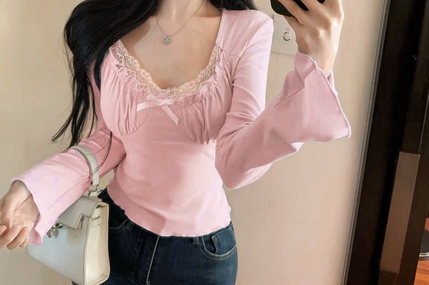 V-Neck Long Sleeve Lace Trim Crop Top