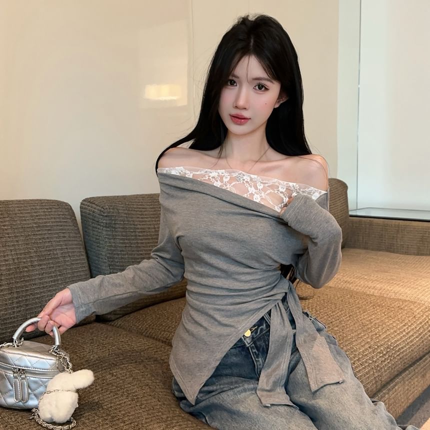 Off-Shoulder Long-Sleeve Top with Lace Panel and Asymmetric Hem