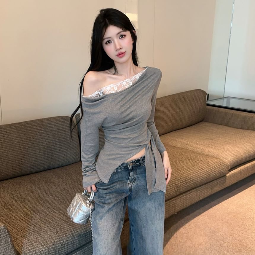 Off-Shoulder Long-Sleeve Top with Lace Panel and Asymmetric Hem