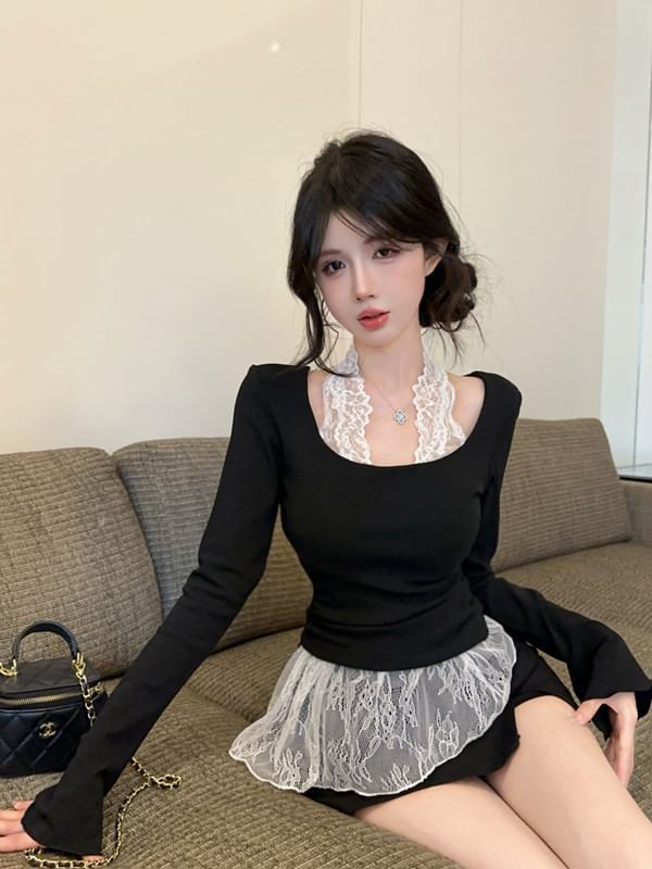 U-Neck Long-Sleeve Top with Lace Panel and Asymmetric Design