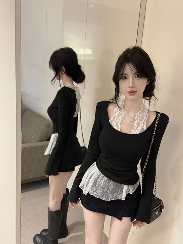 U-Neck Long-Sleeve Top with Lace Panel and Asymmetric Design