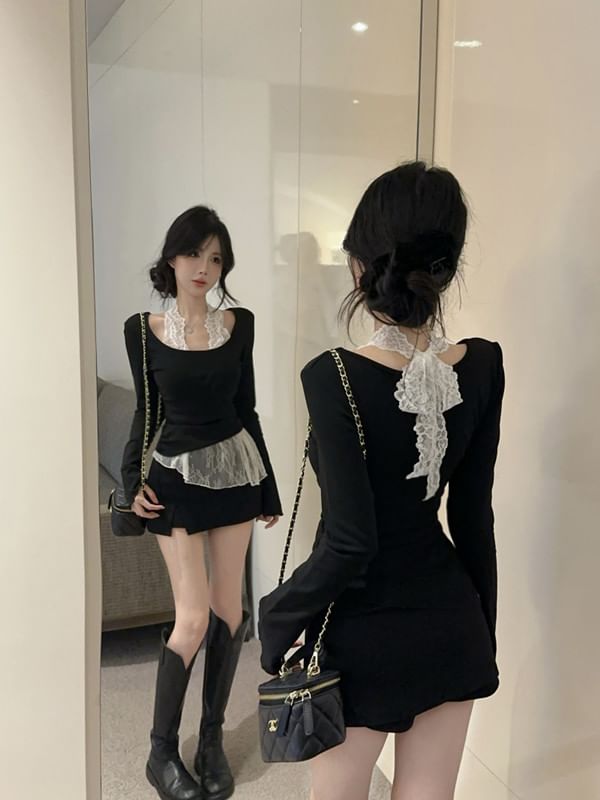 U-Neck Long-Sleeve Top with Lace Panel and Asymmetric Design