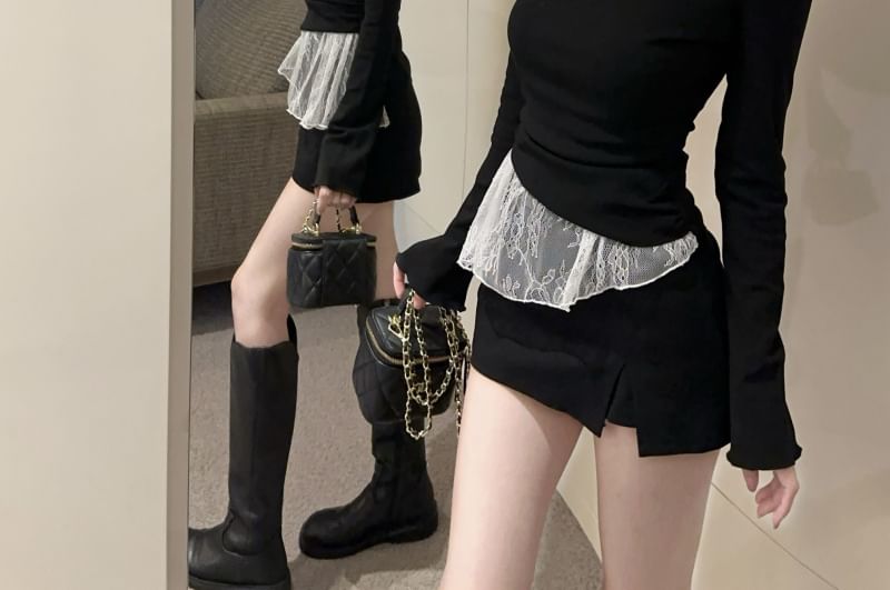 U-Neck Long-Sleeve Top with Lace Panel and Asymmetric Design