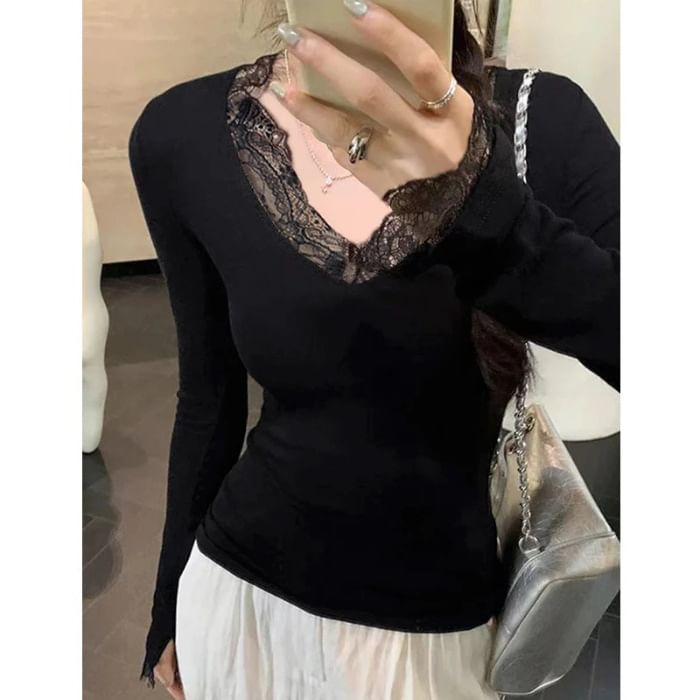 Lace Trim Plain Long-Sleeve Knit Top