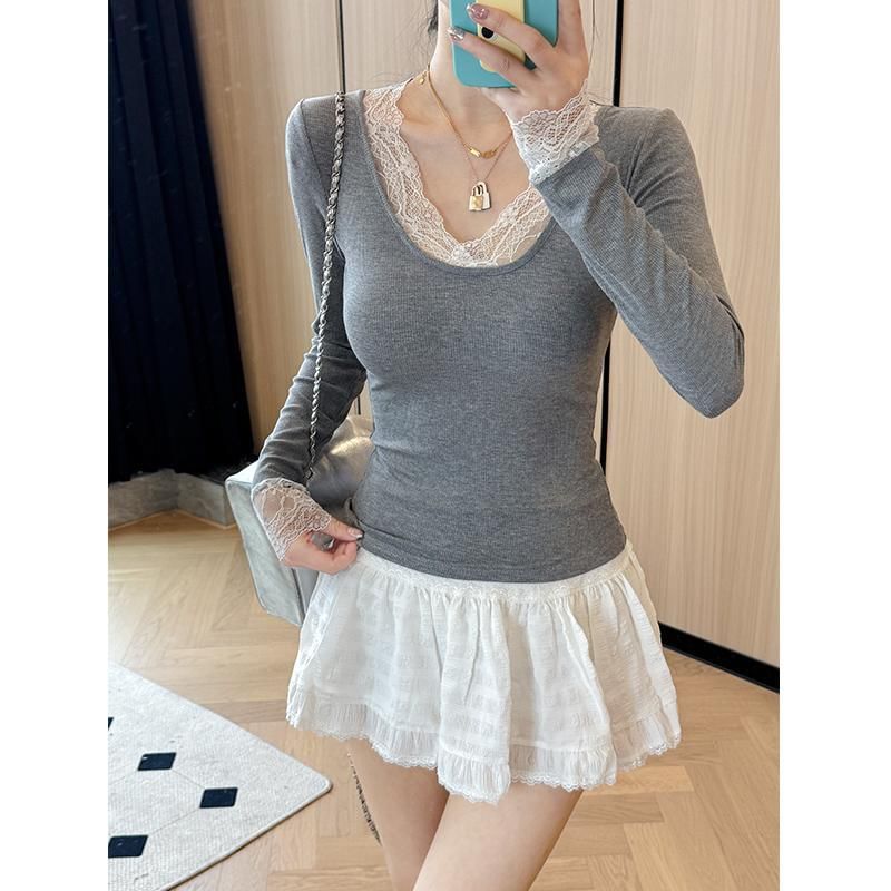 Lace Trim Plain Long-Sleeve Knit Top