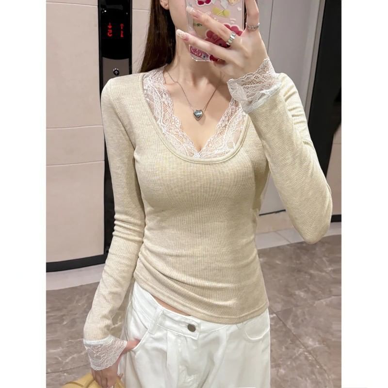Lace Trim Plain Long-Sleeve Knit Top