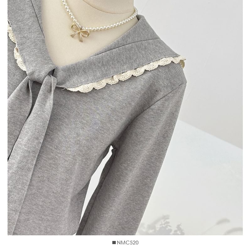 Sailor Collar Long Sleeve Lace Trim Knit Top