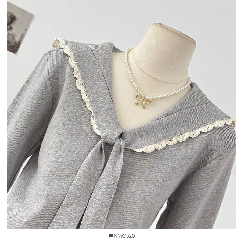 Sailor Collar Long Sleeve Lace Trim Knit Top