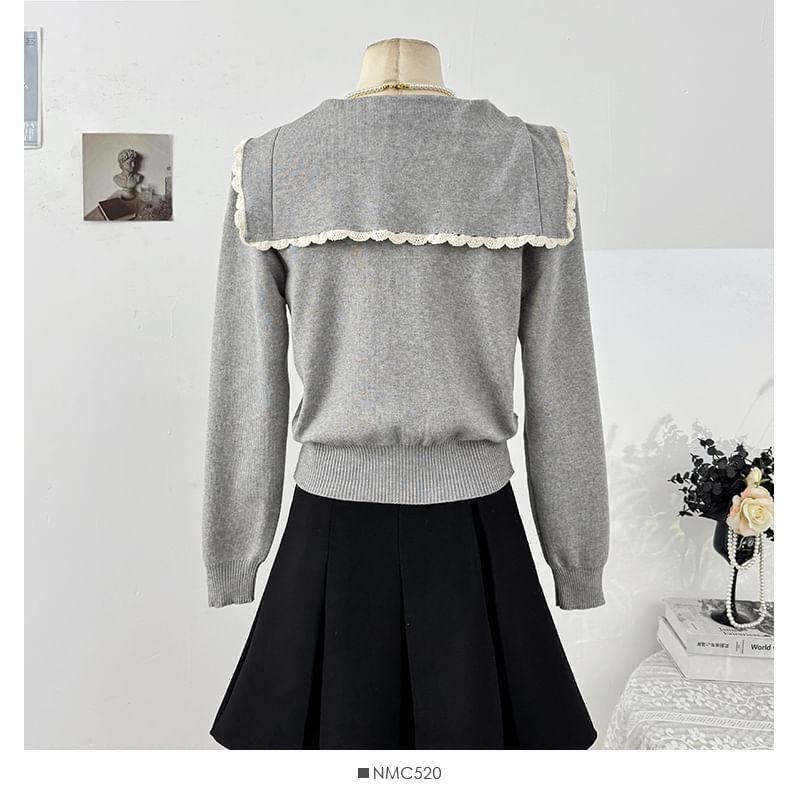 Sailor Collar Long Sleeve Lace Trim Knit Top