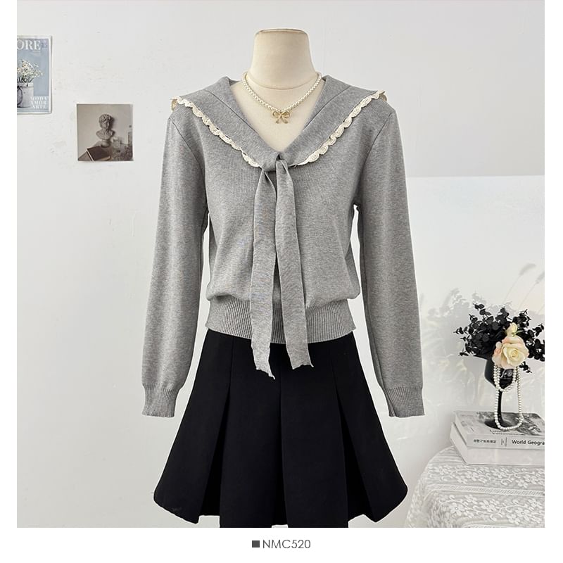 Sailor Collar Long Sleeve Lace Trim Knit Top