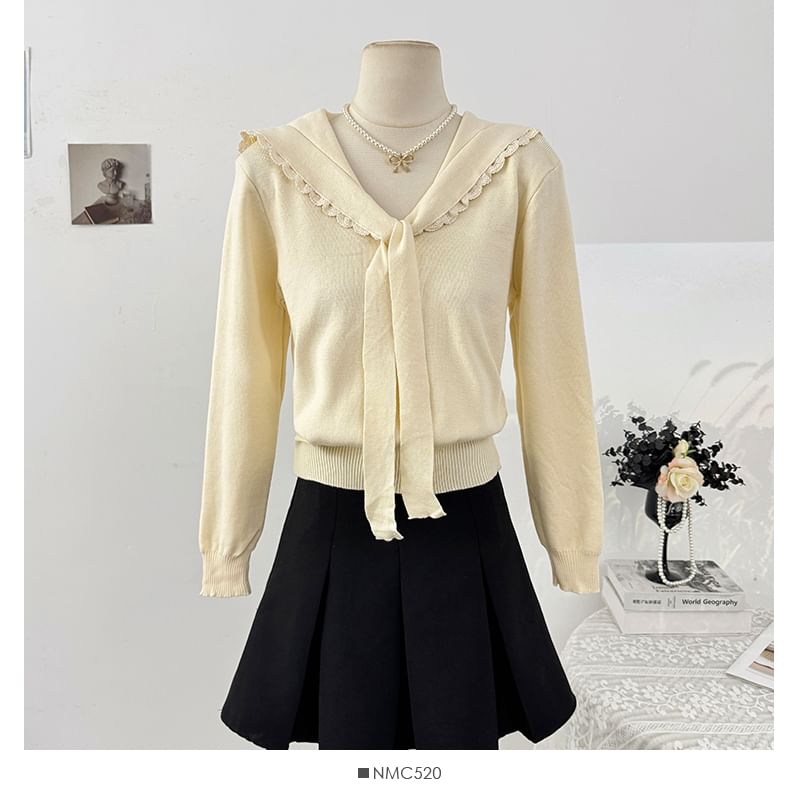 Sailor Collar Long Sleeve Lace Trim Knit Top