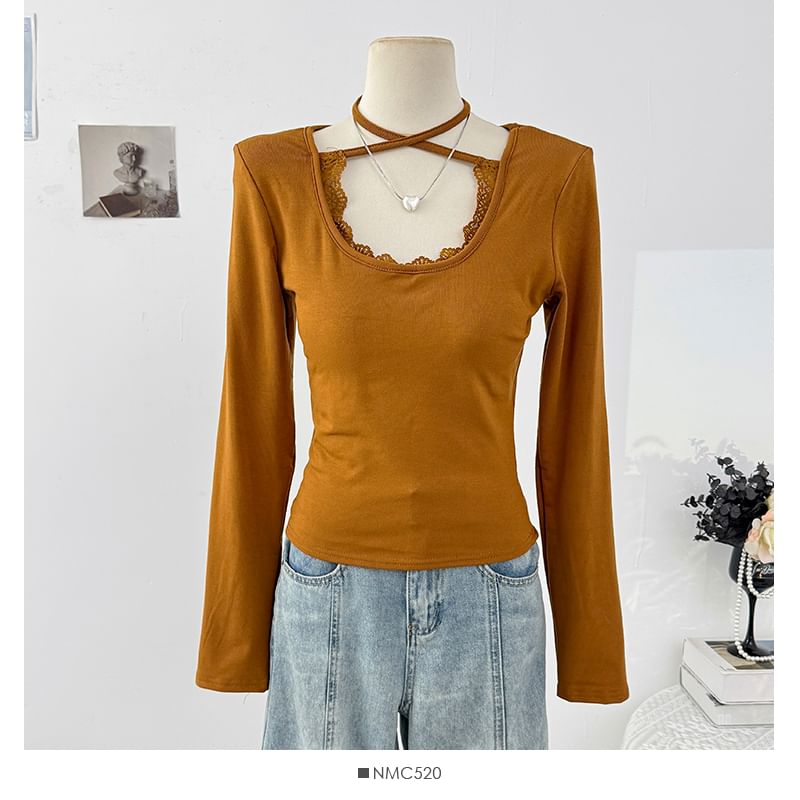 Halter Neck Long Sleeve Lace Trim Slim Tee