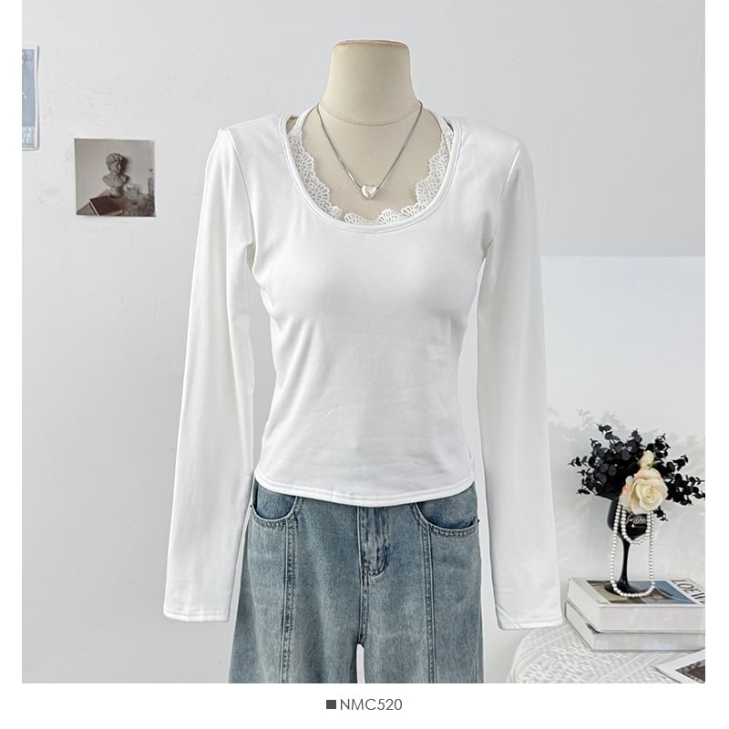 Halter Neck Long Sleeve Lace Trim Slim Tee