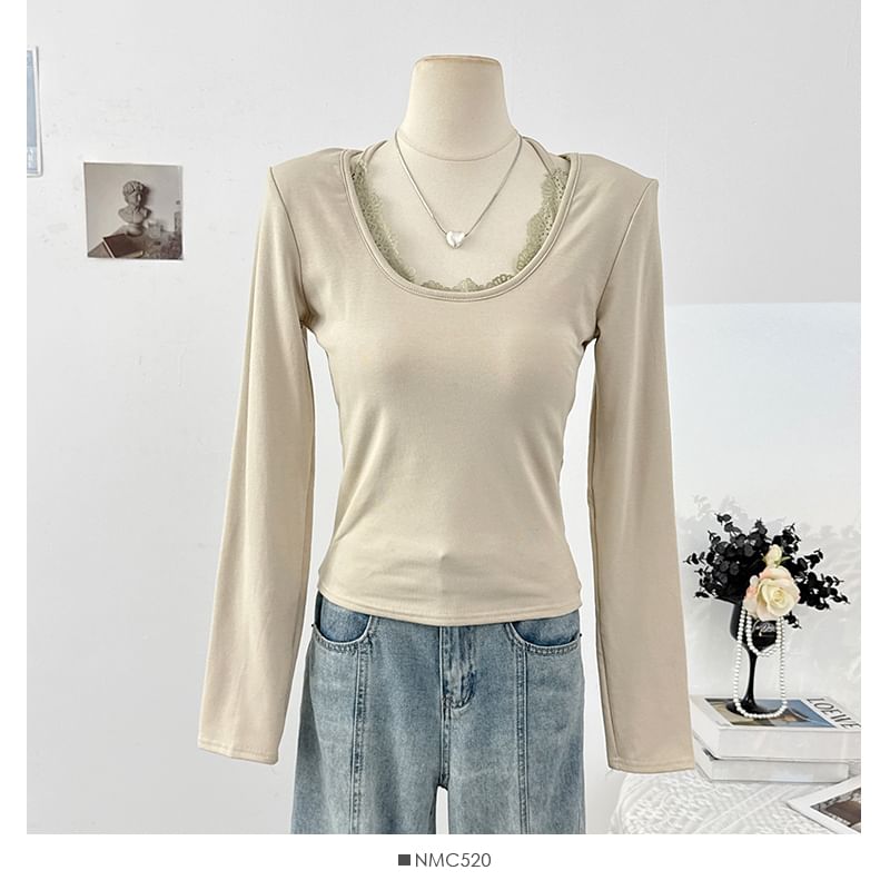Halter Neck Long Sleeve Lace Trim Slim Tee