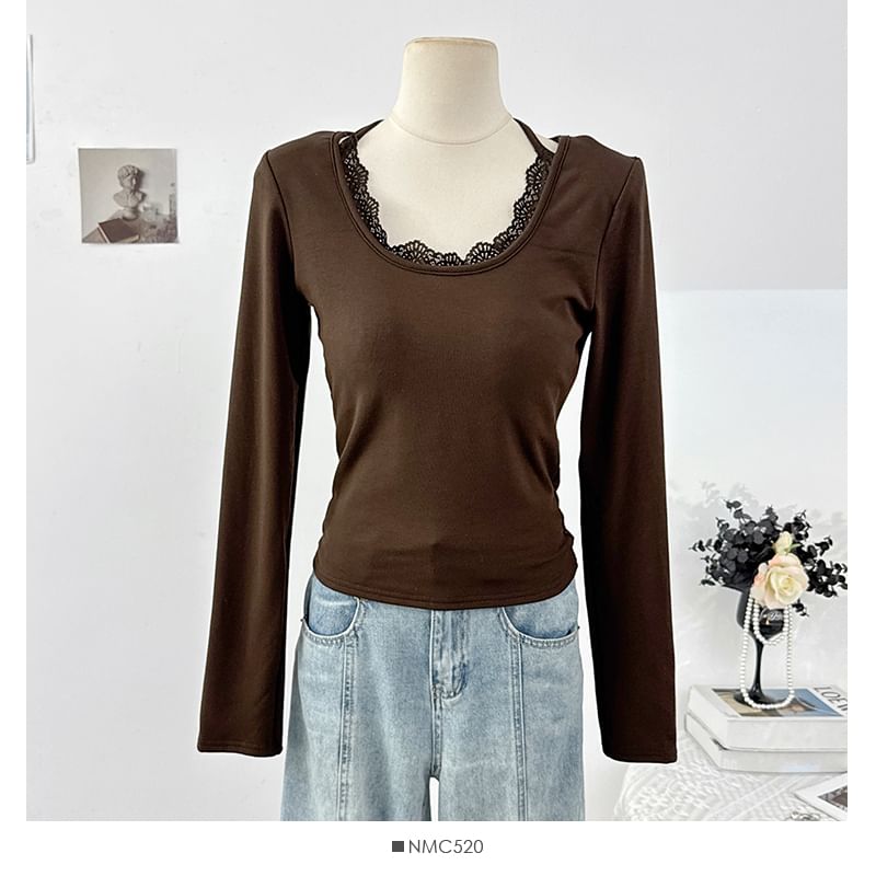 Halter Neck Long Sleeve Lace Trim Slim Tee
