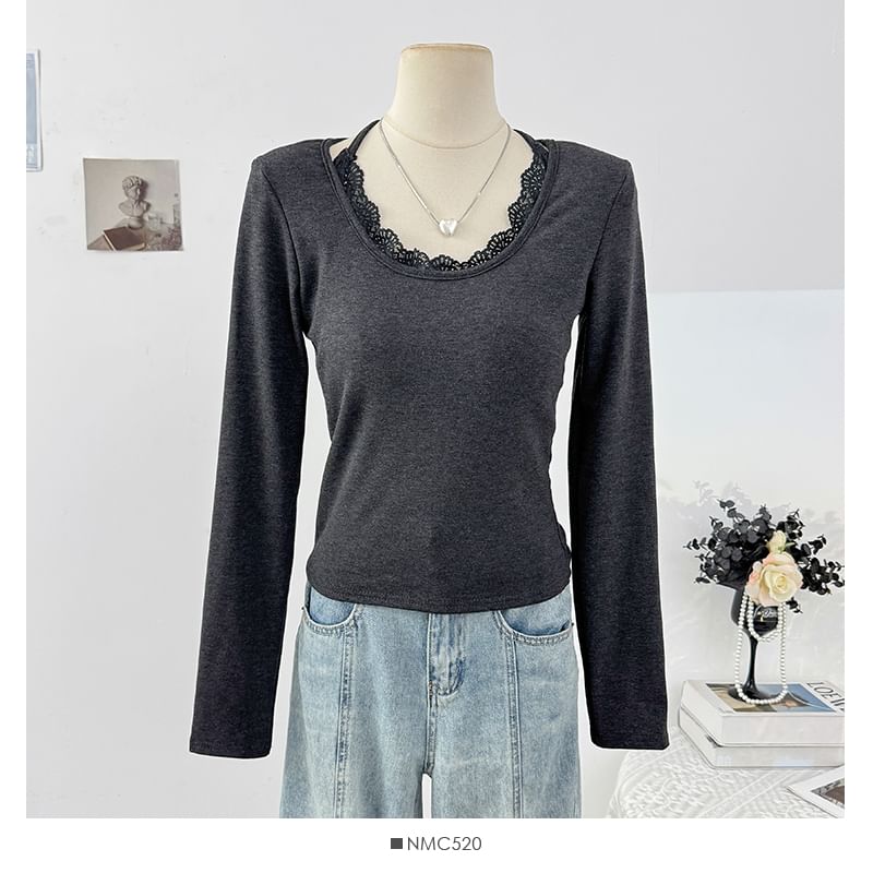 Halter Neck Long Sleeve Lace Trim Slim Tee