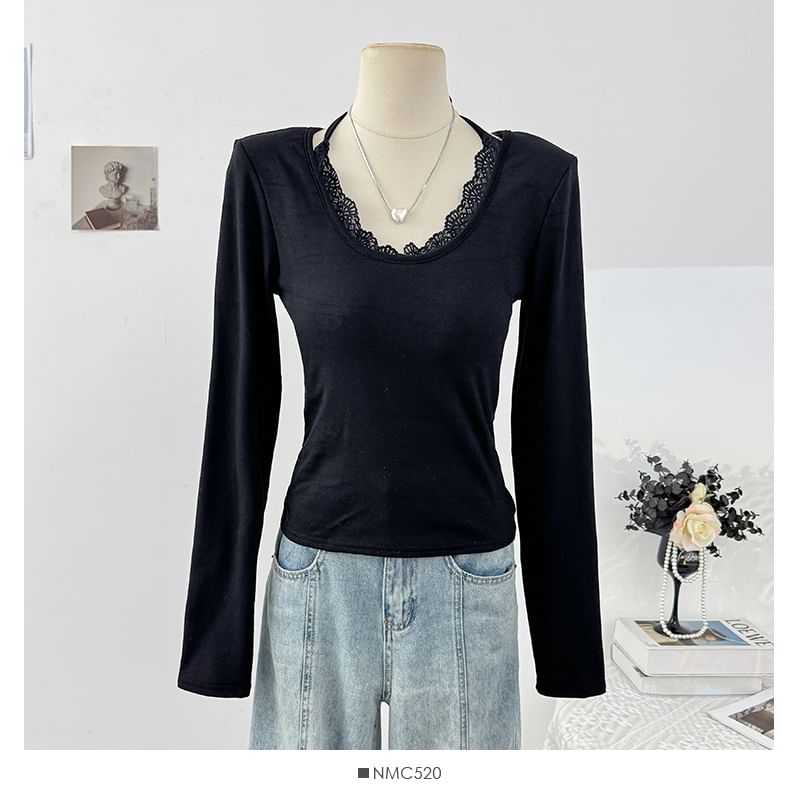 Halter Neck Long Sleeve Lace Trim Slim Tee