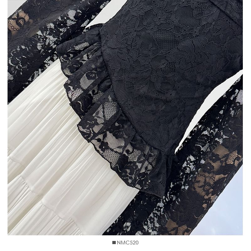 Off Shoulder Long Sleeve Lace Asymmetric Hem Top
