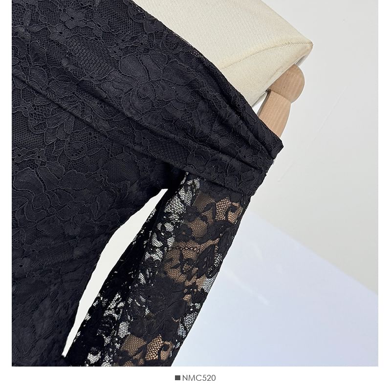 Off Shoulder Long Sleeve Lace Asymmetric Hem Top