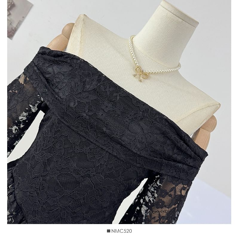 Off Shoulder Long Sleeve Lace Asymmetric Hem Top