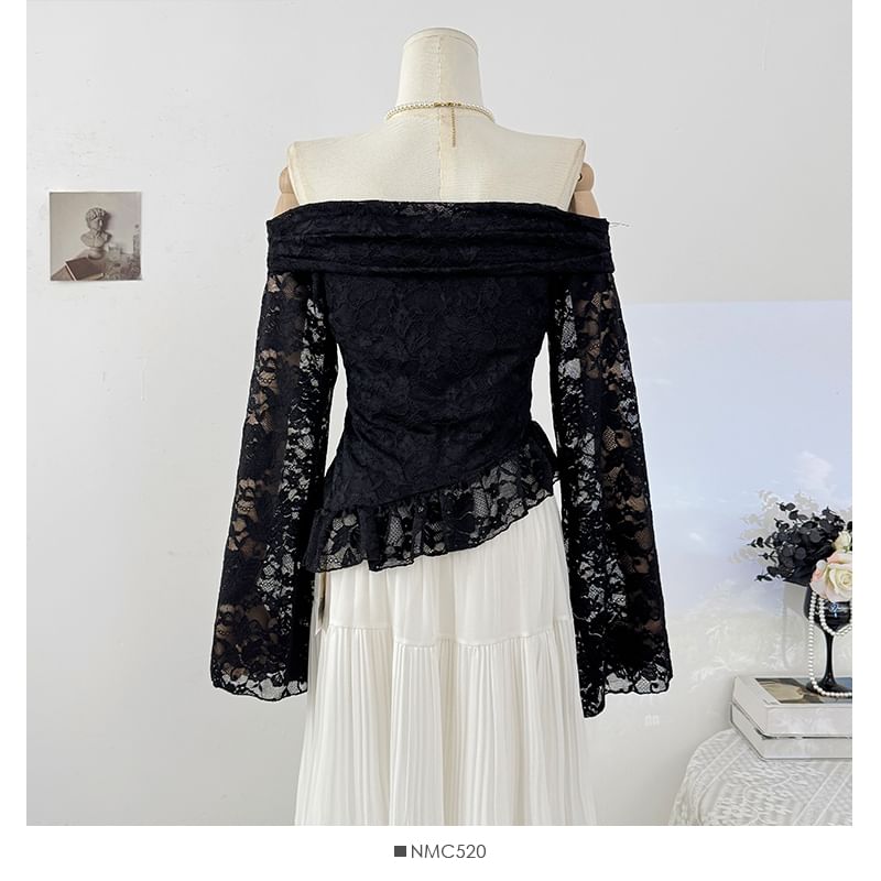 Off Shoulder Long Sleeve Lace Asymmetric Hem Top
