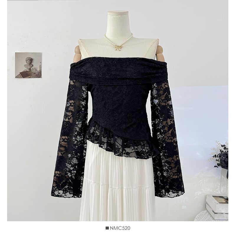 Off Shoulder Long Sleeve Lace Asymmetric Hem Top
