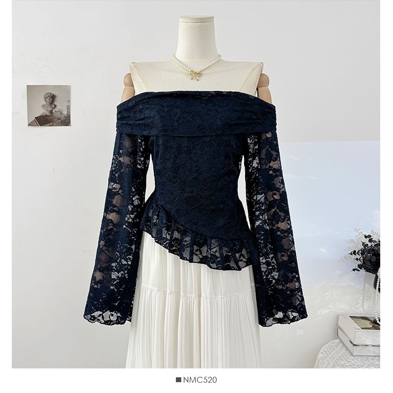 Off Shoulder Long Sleeve Lace Asymmetric Hem Top