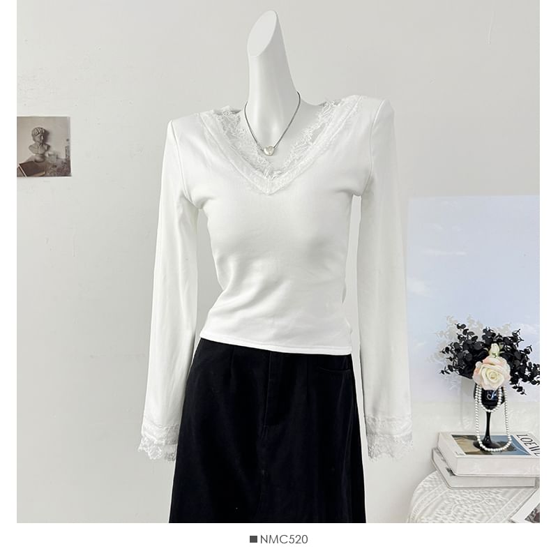V-Neck Long Sleeve Lace Trim Fitted Tee
