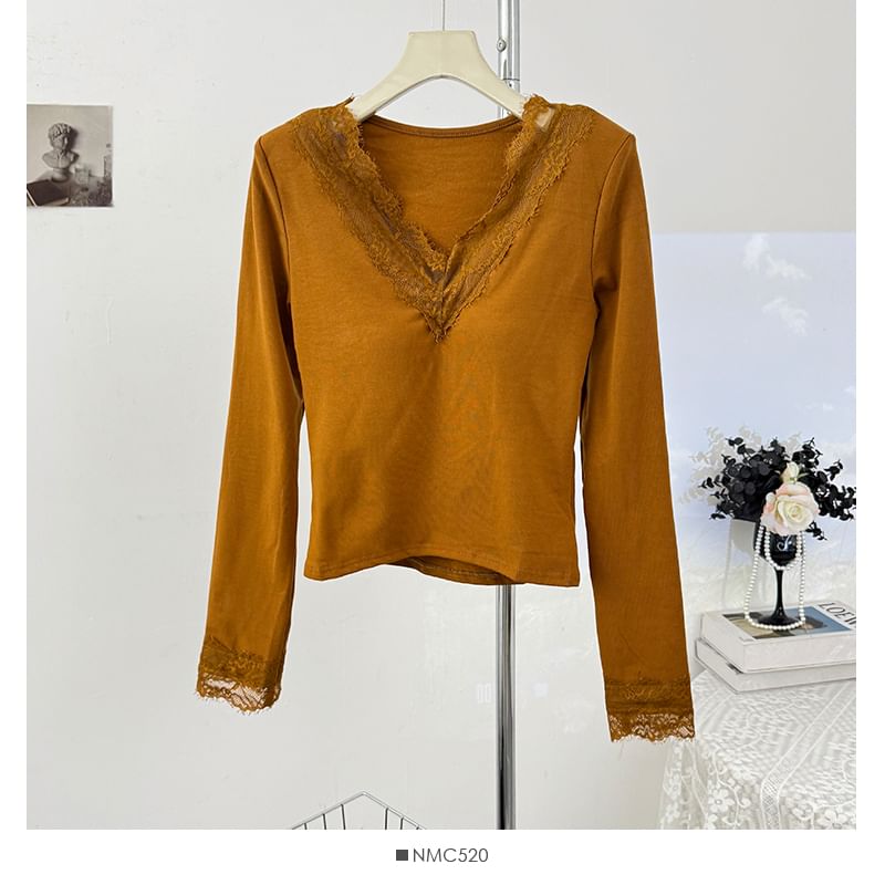 V-Neck Long Sleeve Lace Trim Fitted Tee