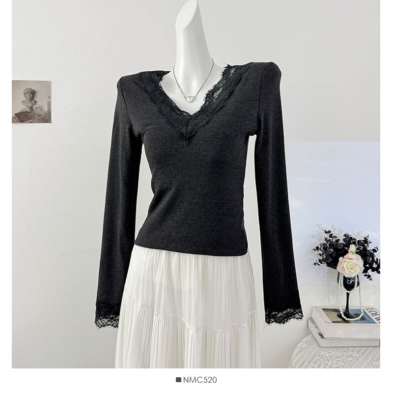 V-Neck Long Sleeve Lace Trim Fitted Tee