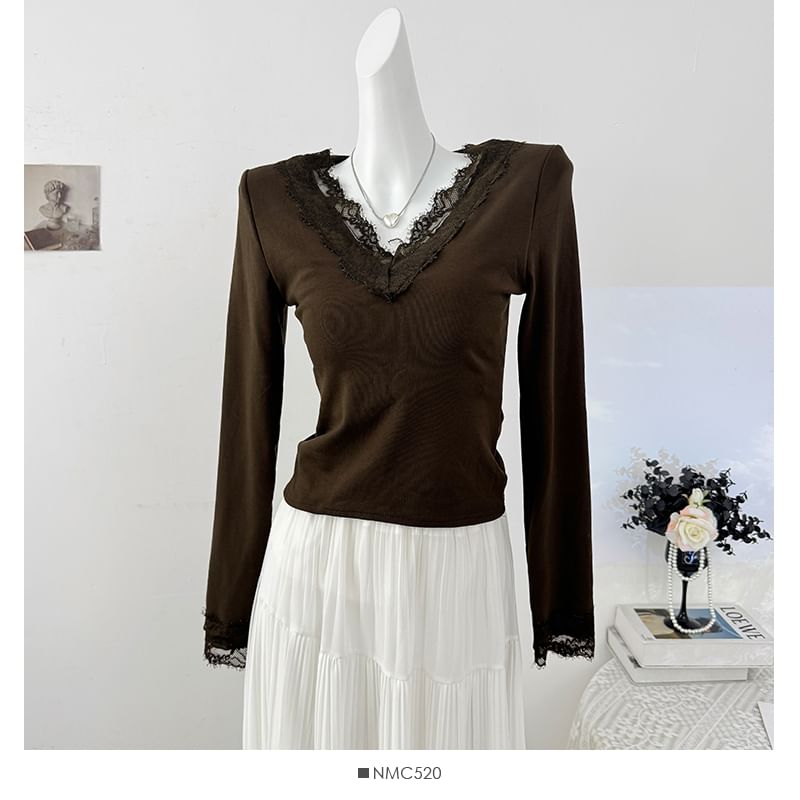 V-Neck Long Sleeve Lace Trim Fitted Tee