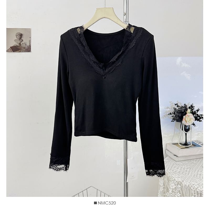 V-Neck Long Sleeve Lace Trim Fitted Tee