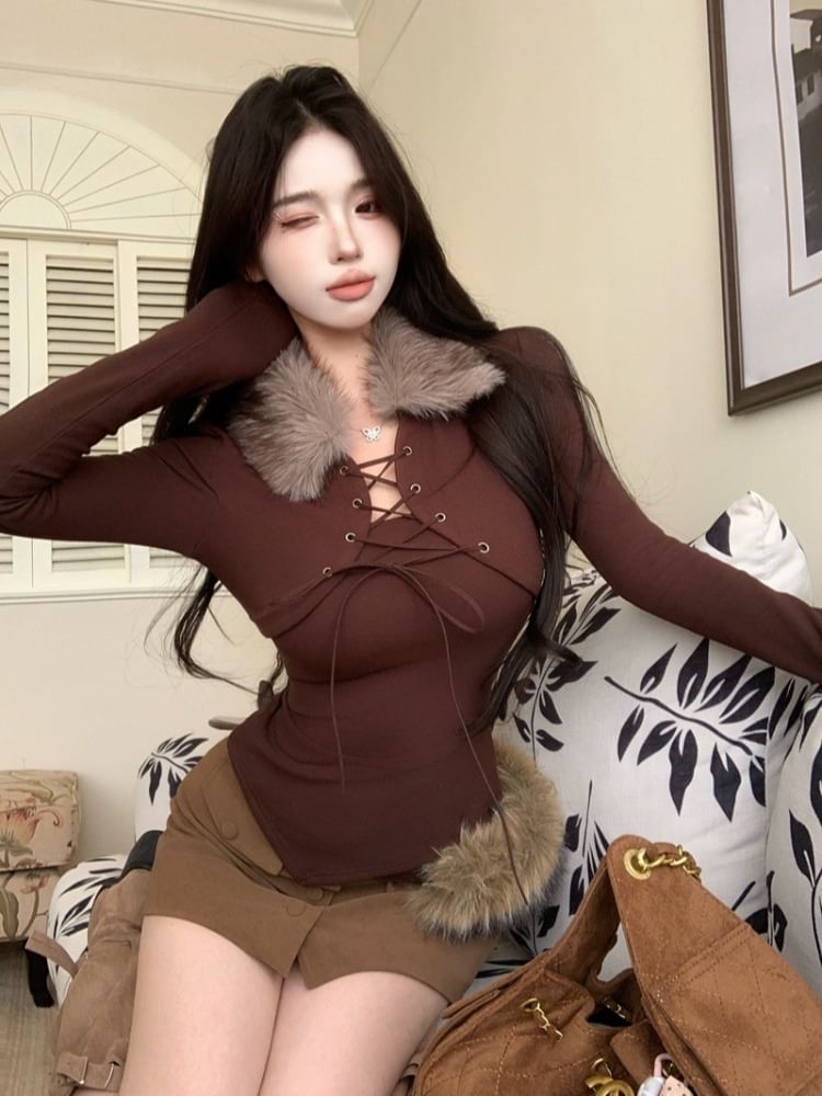 Faux Fur Collar Long Sleeve Mock Two-Piece Lace Top
